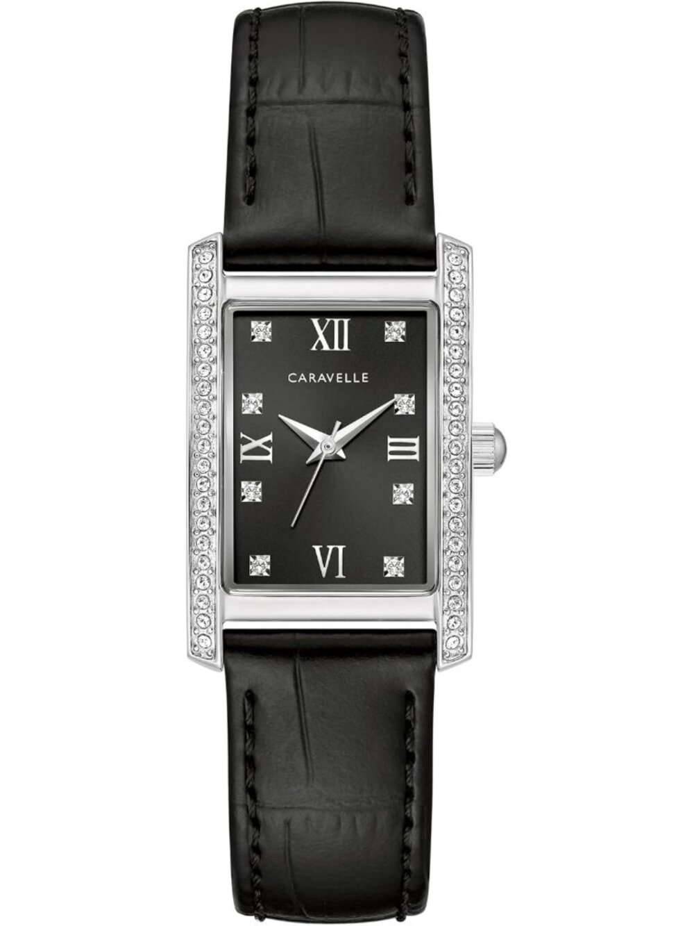 Elegant Crystal 3-Hand Quartz Watch for Women, Roman Numerals, Rectangle Case